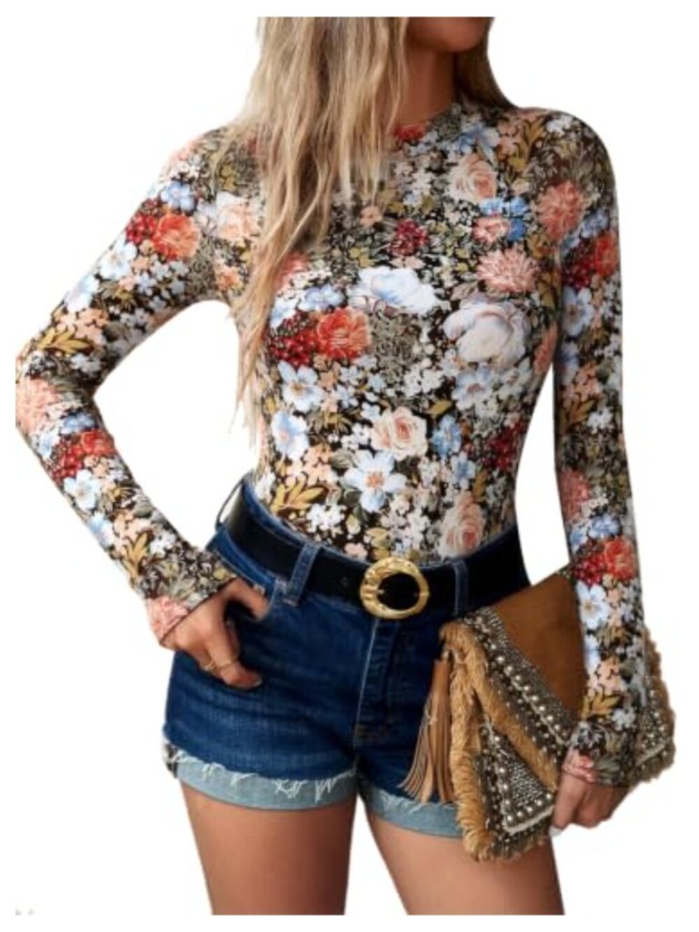Women's Mesh Top Mockneck Fitted Raglan Long Sleeve Floral Double Layered Going